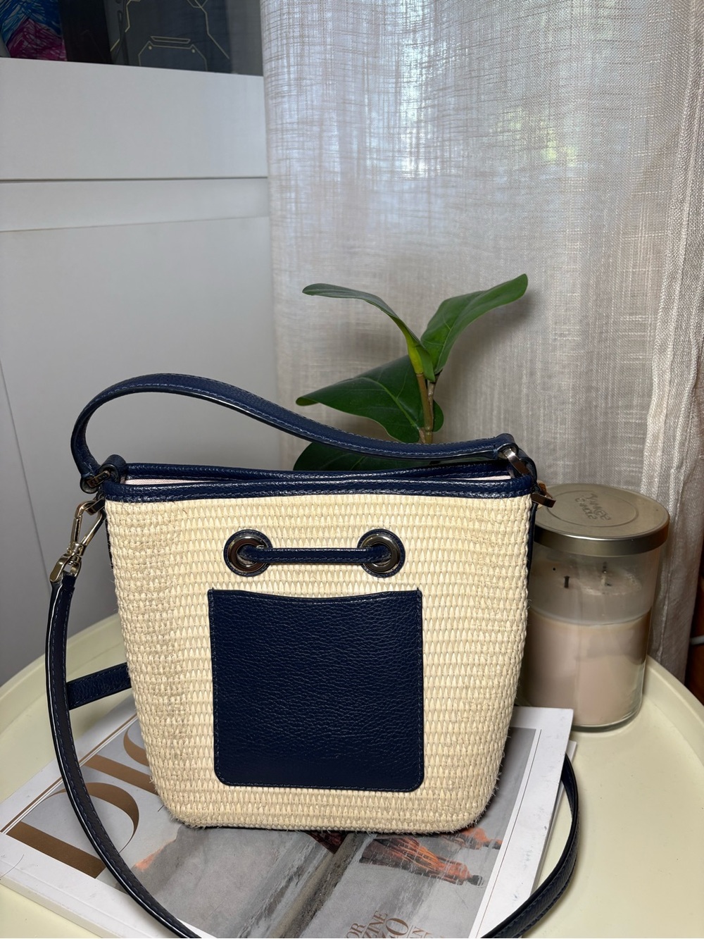 kate spade Cream and Navy Straw Crossbody Bucket Bag - Picture 4 of 7